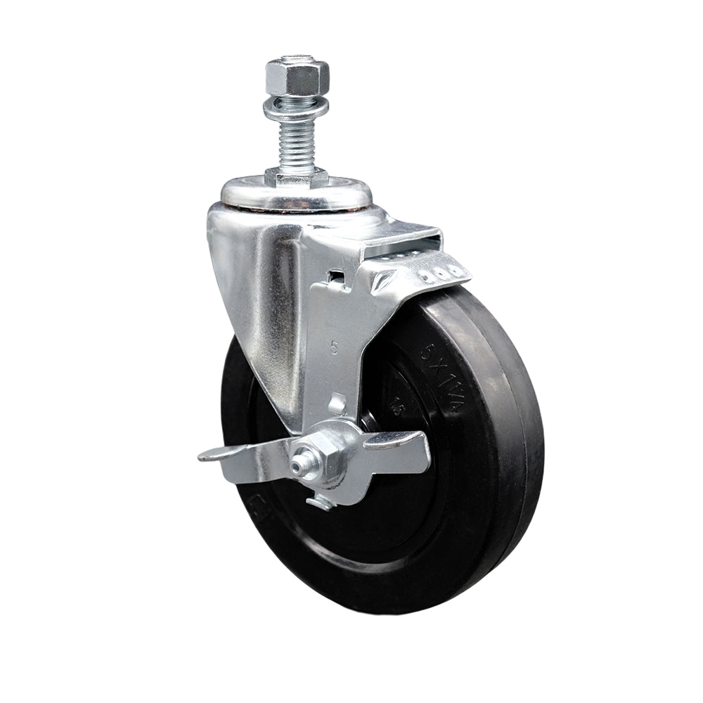 SCC-TS20S514-SRS-TLB-M1215 Soft Rubber Swivel Threaded Stem Caster with 5 x 1.25 in. Black Wheel & 12 mm Stem & Top Locking Brake