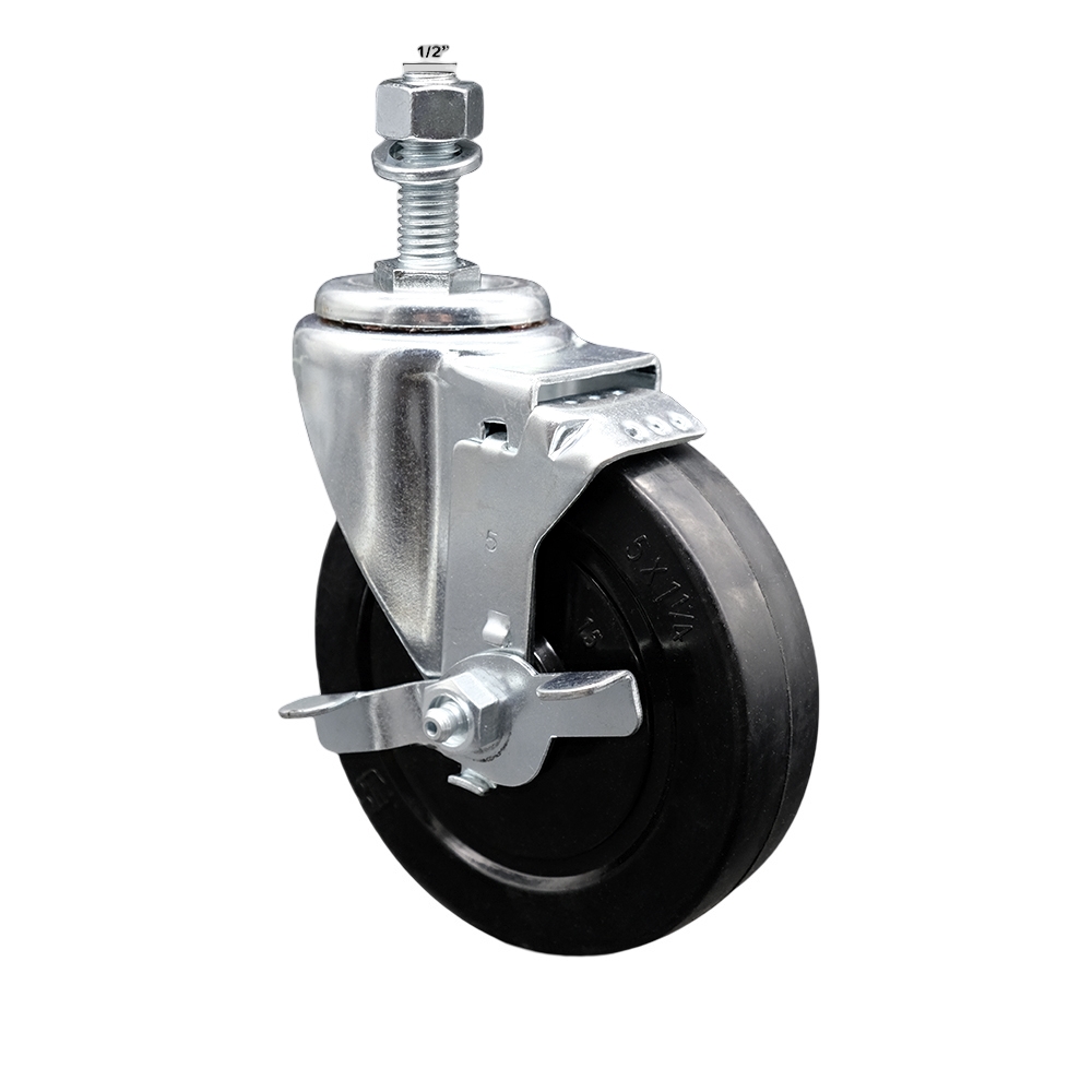 Stainless Steel Soft Rubber Swivel Threaded Stem Caster with 5 x 1.25 in. Black Wheel & 0.5 in. Stem & Top Locking Brake