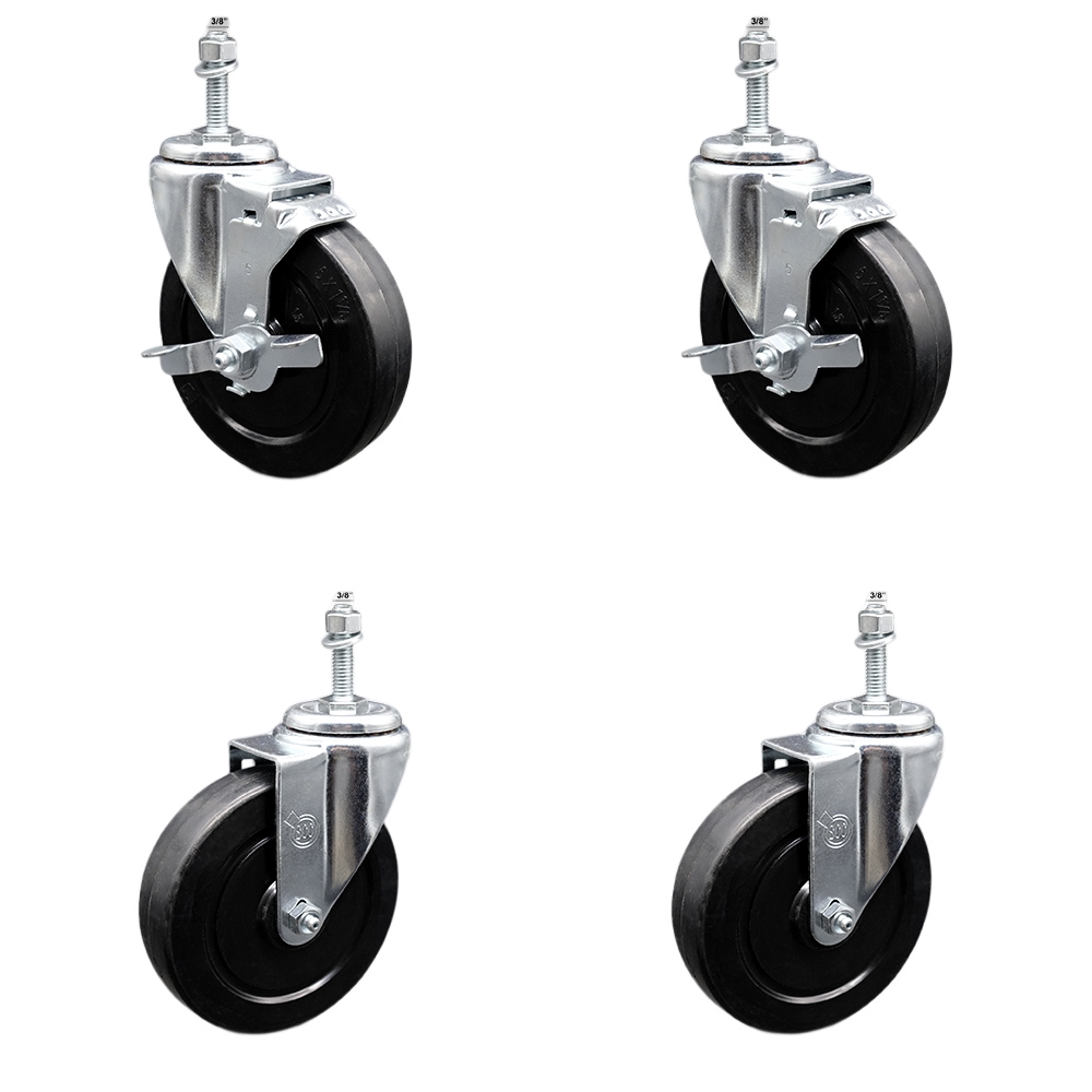 SCC-SSTS20S514-SRS-381615-2-TLB-2 Stainless Steel Soft Rubber Swivel Threaded Stem Caster with 5 x 1.25 in. Black Wheels & 0.38 in. Stems - Set of 4