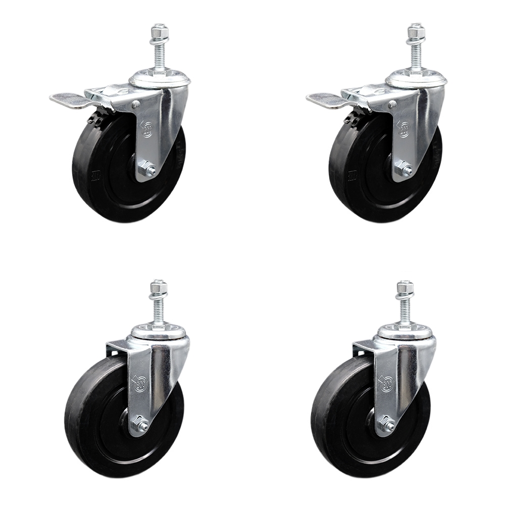 SCC-SSTSTTL20S514-SRS-381615-2-S-2 Stainless Steel Soft Rubber Swivel Threaded Stem Caster with 5 x 1.25 in. Black Wheels & 0.38 in. Stems - Set of 4