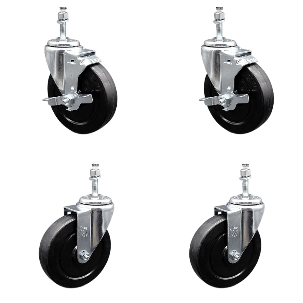 SCC-SSTS20S514-SRS-M1015-2-TLB-2 Stainless Steel Soft Rubber Swivel Threaded Stem Caster with 5 x 1.25 in. Black Wheels & 10 mm Stems - Set of 4