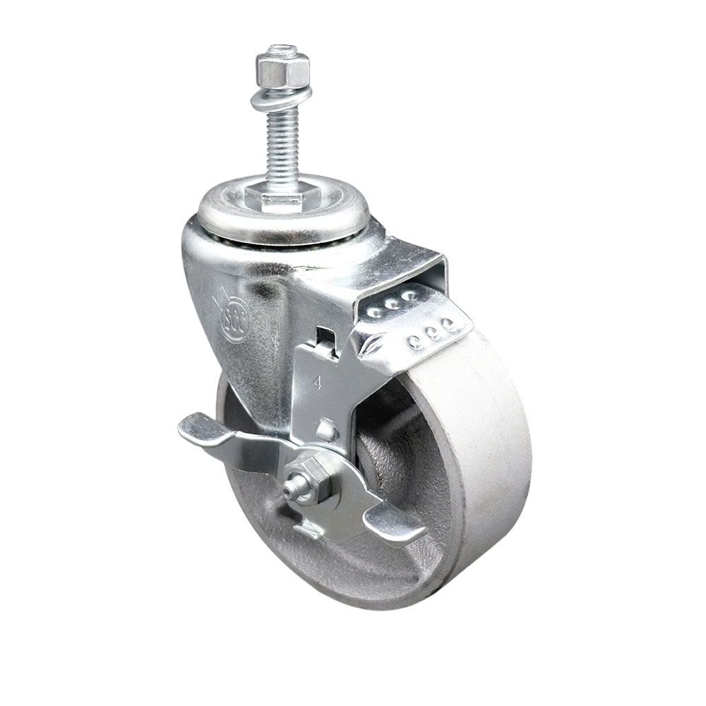 Semi Steel Cast Iron Swivel Threaded Stem Caster with Roller Bearing 4 x 1.5 in. Silver Wheel & 0.38 in. Stem & Top Locking Brake