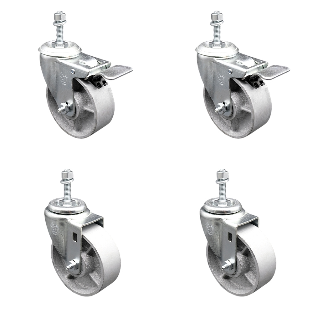 Semi Steel Cast Iron Swivel Threaded Stem Caster with Roller Bearing 4 x 1.5 in. Silver Wheels & 10 mm Stems - Set of 4
