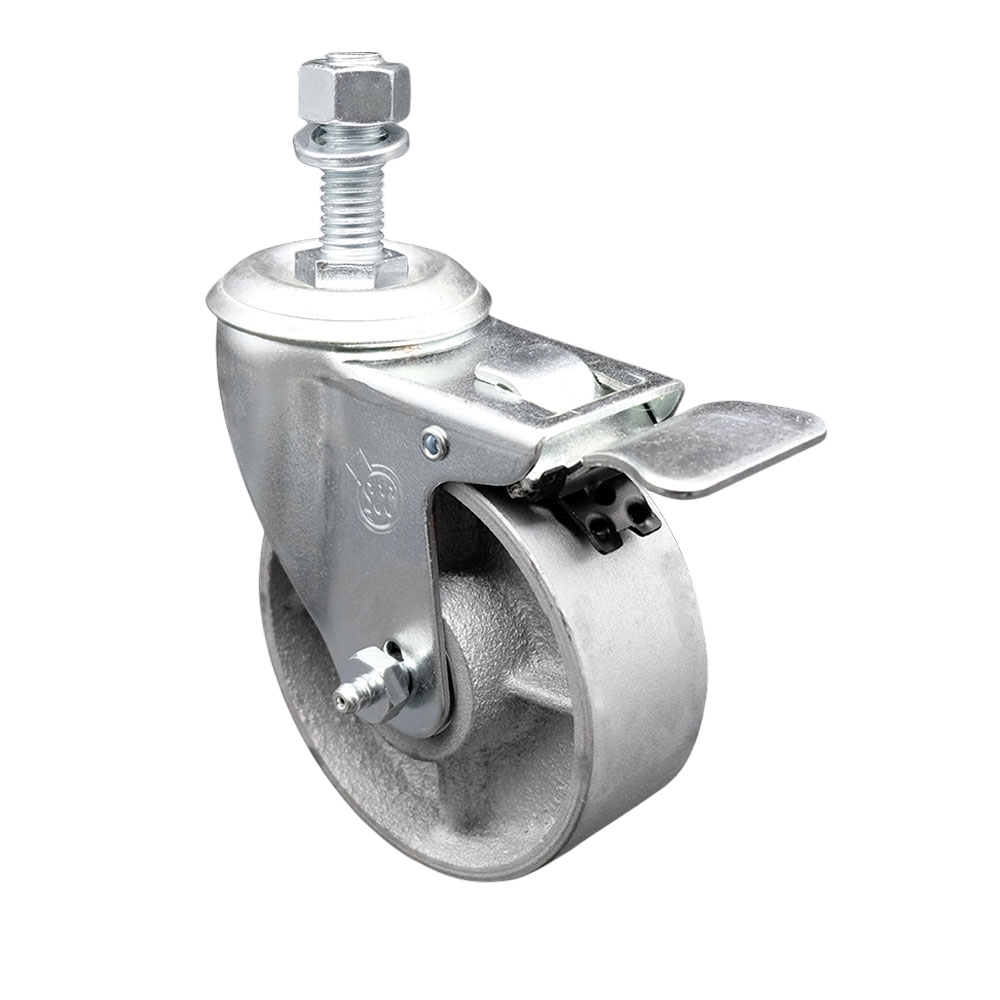 Semi Steel Cast Iron Swivel Threaded Stem Caster with Roller Bearing 4 x 1.5 in. Silver Wheel & 12 mm Stem & Total Locking Brake
