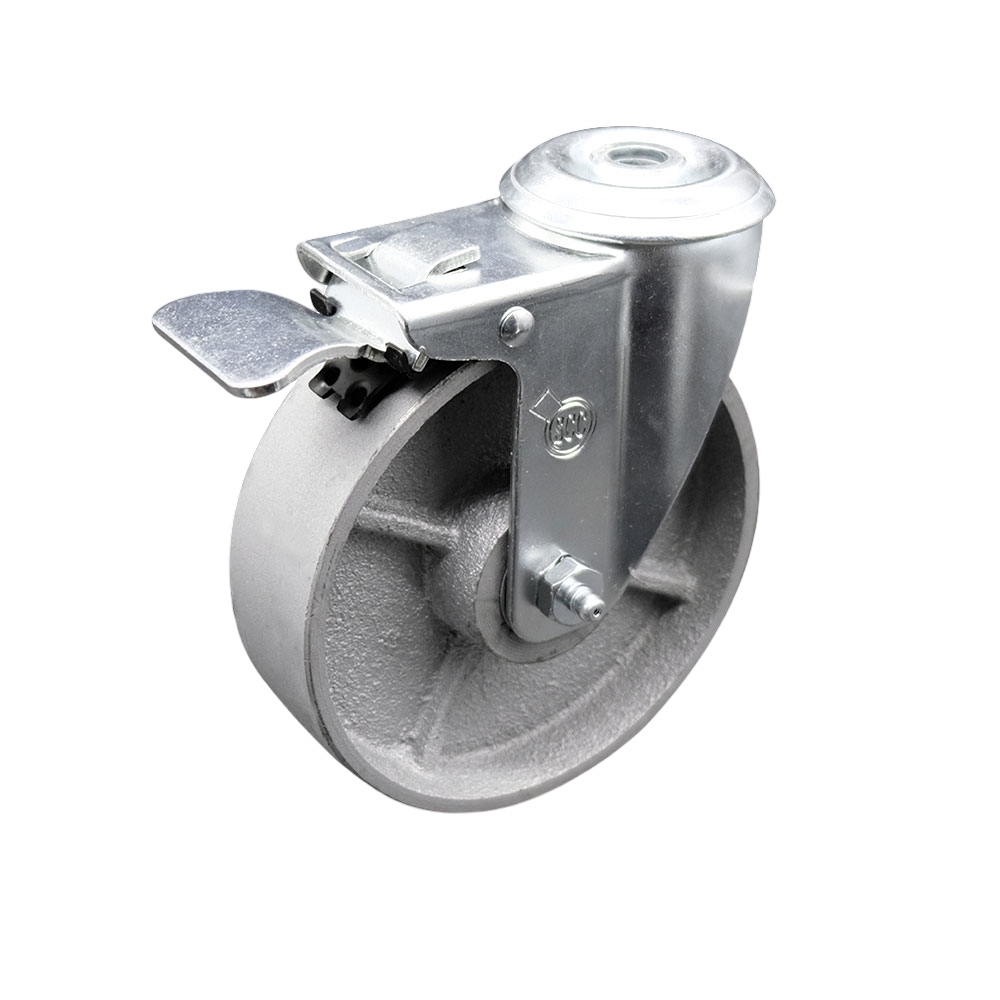 SCC-BHTTL20S515-SSR Semi Steel Cast Iron Swivel Bolt Hole Caster with Roller Bearing - 5 x 1.5 in. Silver Wheel & Total Locking Brake