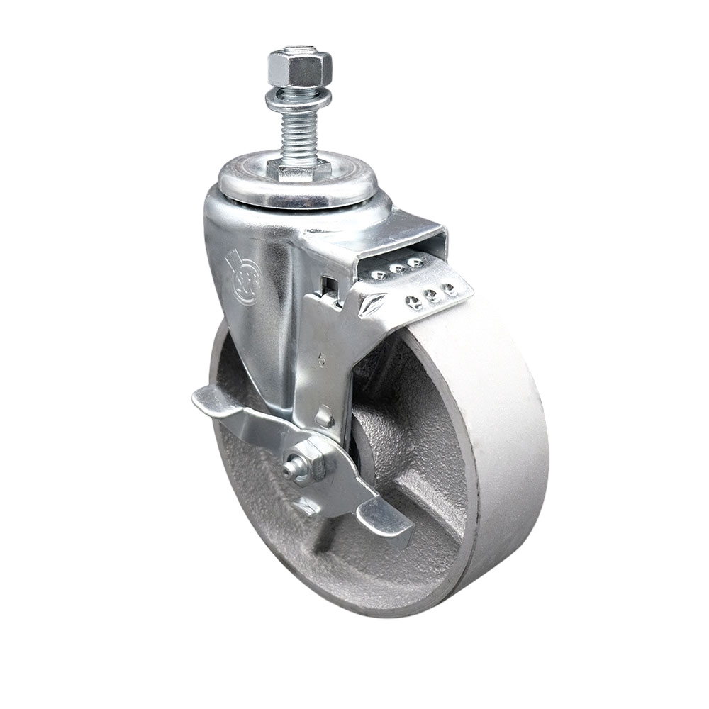 Semi Steel Cast Iron Swivel Threaded Stem Caster with Roller Bearing 5 x 1.5 in. Silver Wheel & 12 mm Stem & Top Locking Brake