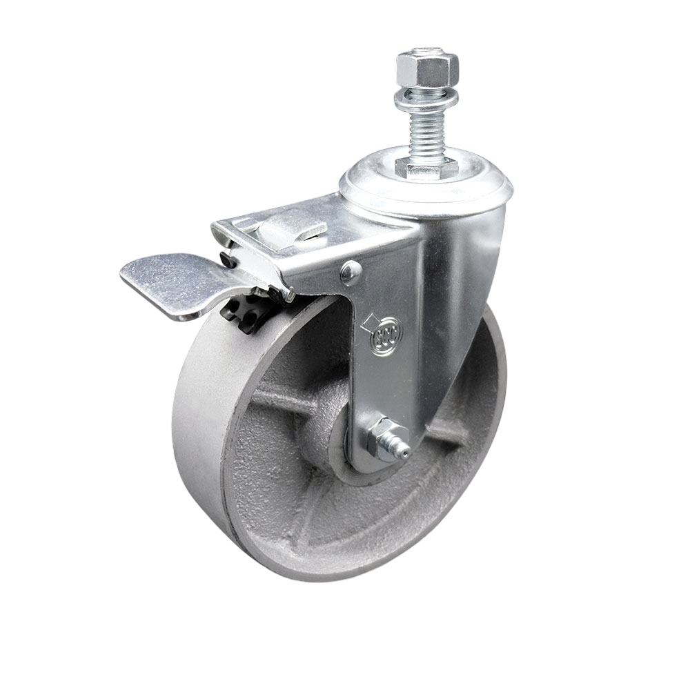 Semi Steel Cast Iron Swivel Threaded Stem Caster with Roller Bearing 5 x 1.5 in. Silver Wheel & 12 mm Stem & Total Locking Brake