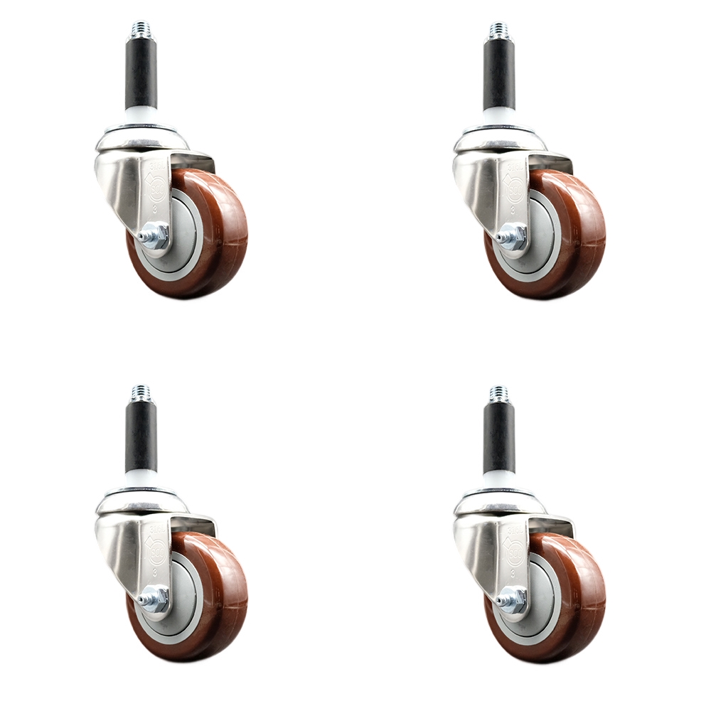 Polyurethane Swivel Stem Caster with 3 in. Maroon Caster Wheels, 0.75 in. Expanding Stems - 316 Stainless Steel Casters - Set of 4
