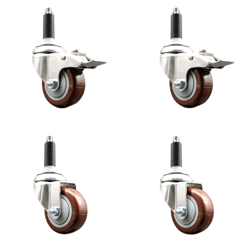 Polyurethane Swivel Stem Caster with 3.5 in. Maroon Caster Wheels, 0.75 in. Expanding Stem - 316 Stainless Steel Casters - Set of 4