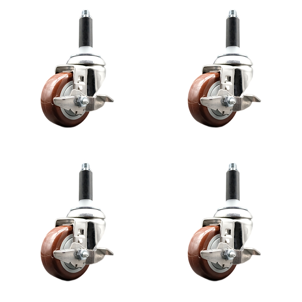 Polyurethane Swivel Stem Caster with 3 in. Maroon Caster Wheels, 0.87 in. Expanding Stems - 316 Stainless Steel Casters - Set of 4