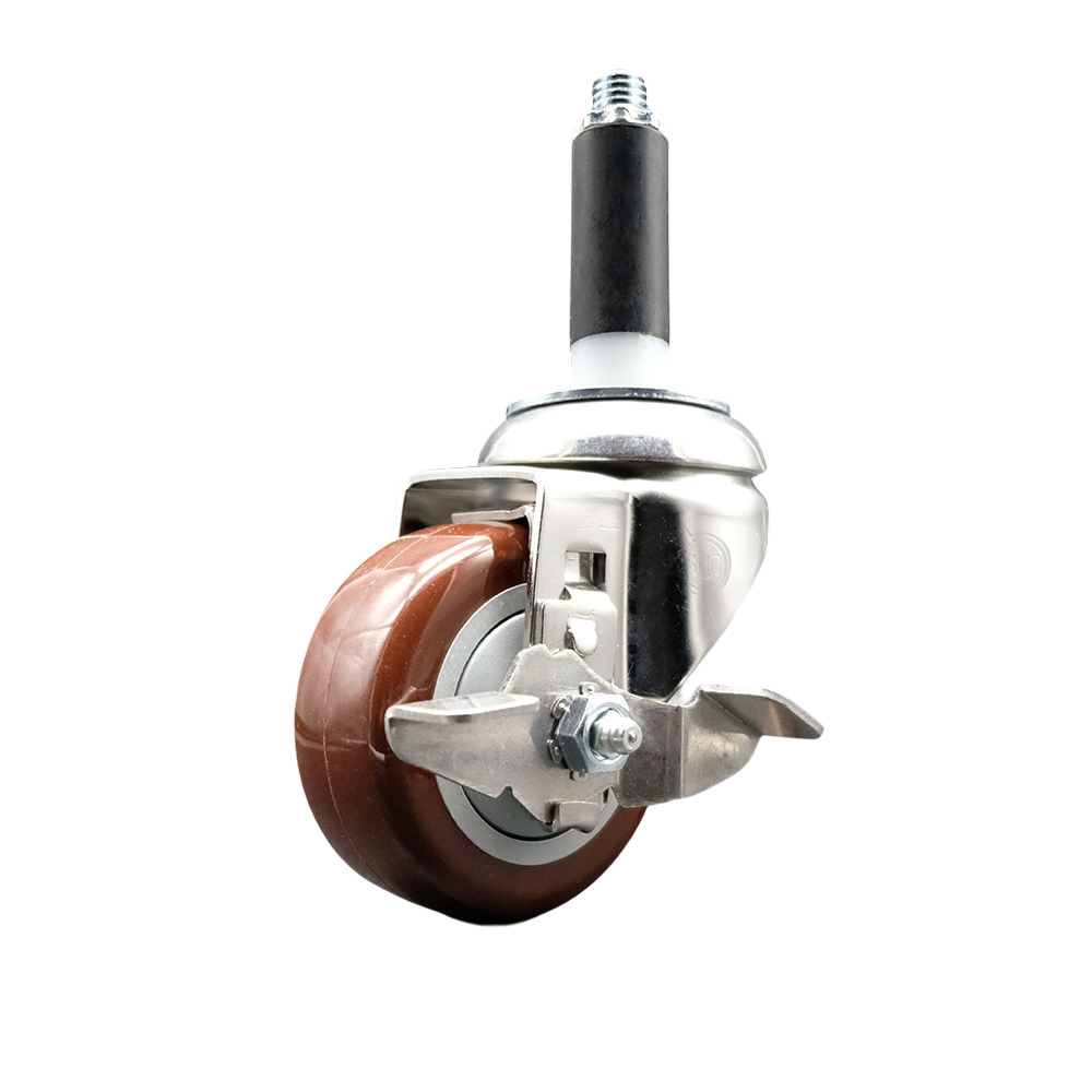 Polyurethane Swivel Stem Caster with 3.5 in. Maroon Caster Wheels & Top Lock Brake, 0.87 in. Expanding Stem - 316 Stainless Steel Caster