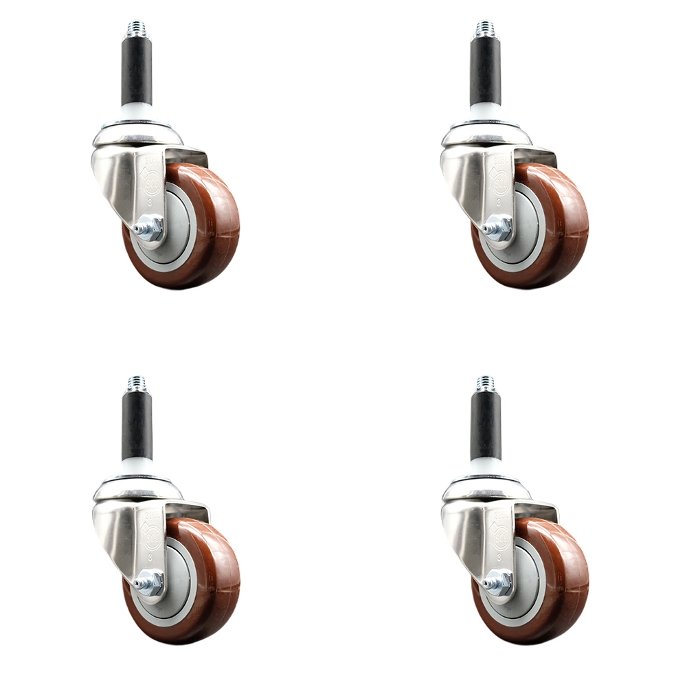 Polyurethane Swivel Stem Caster with 3.5 in. Maroon Caster Wheels, 0.87 in. Expanding Stems - 316 Stainless Steel Casters - Set of 4
