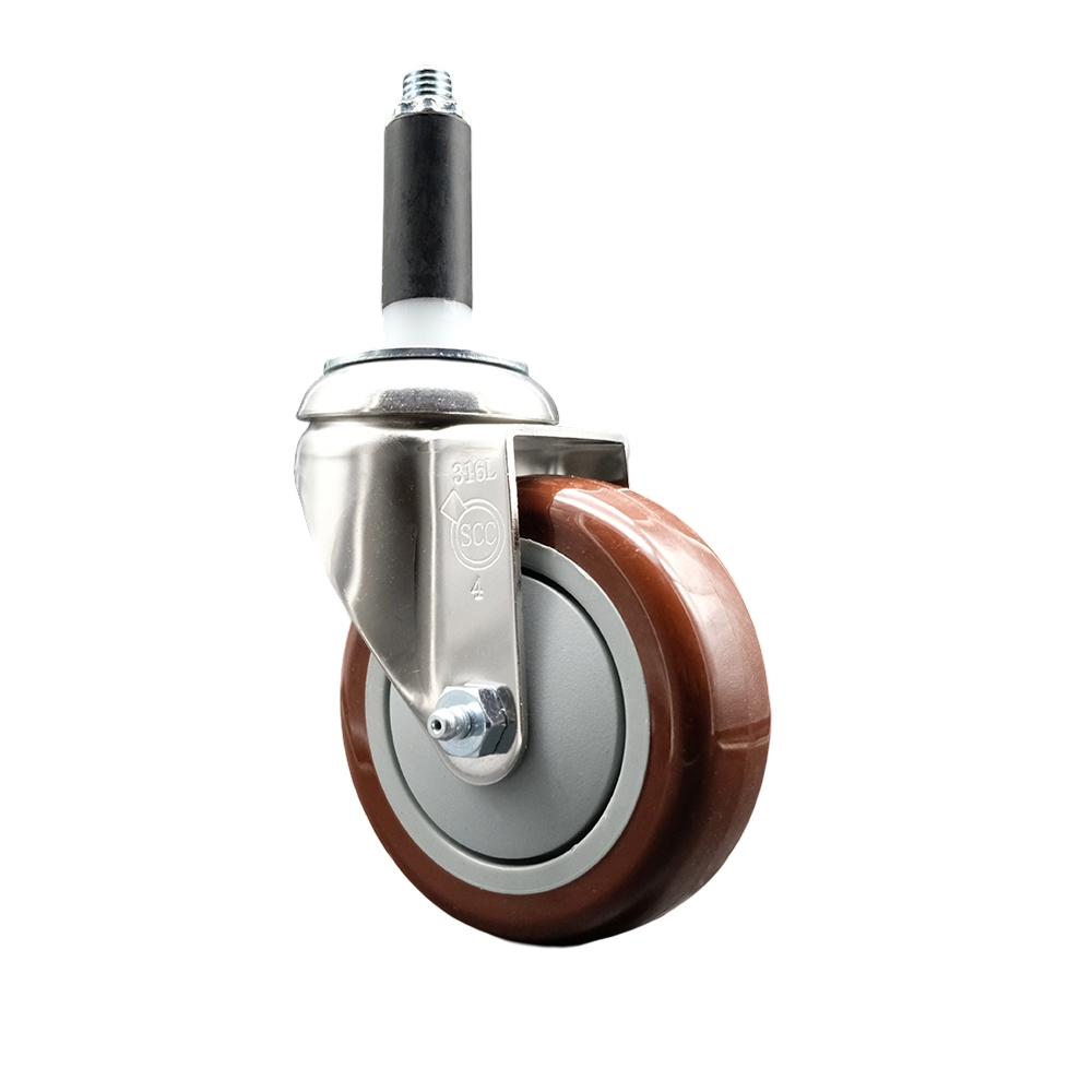 Polyurethane Swivel Stem Caster with 4 in. Maroon Caster Wheels, 0.87 in. Expanding Stem - 316 Stainless Steel Caster