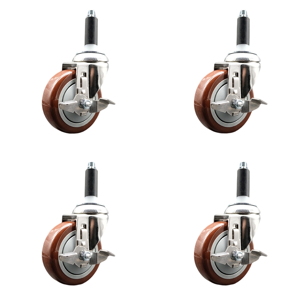 Polyurethane Swivel Stem Caster with 4 in. Maroon Caster Wheels, 0.87 in. Expanding Stems - 316 Stainless Steel Casters - Set of 4