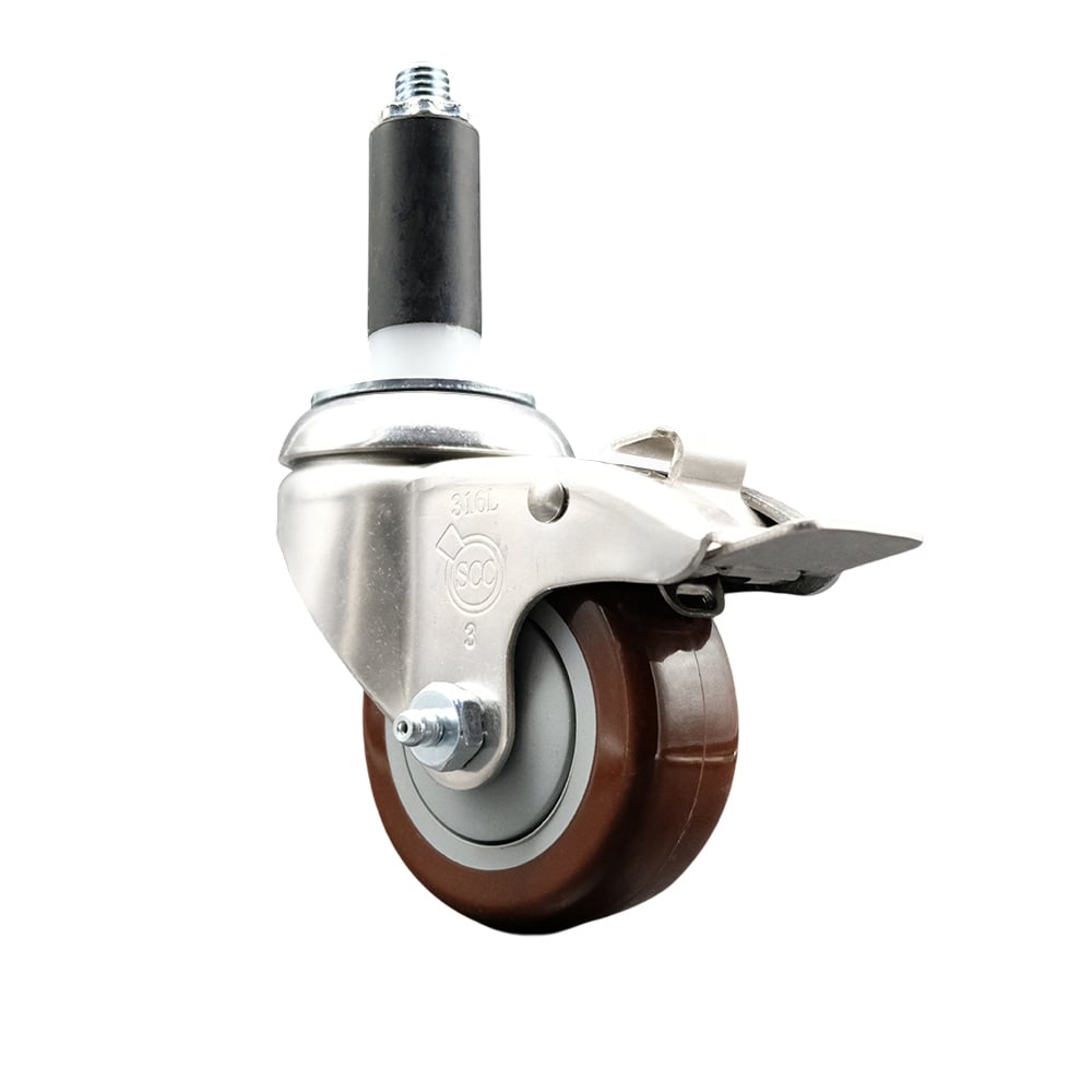 Polyurethane Swivel Stem Caster with 3.5 in. Maroon Caster Wheels & Total Lock Brake, 1 in. Expanding Stem - 316 Stainless Steel Caster