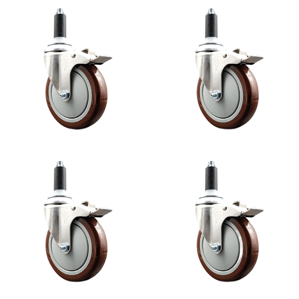 Polyurethane Swivel Stem Caster with 5 in. Maroon Caster Wheels, 1 in. Expanding Stems - 316 Stainless Steel Casters - Set of 4