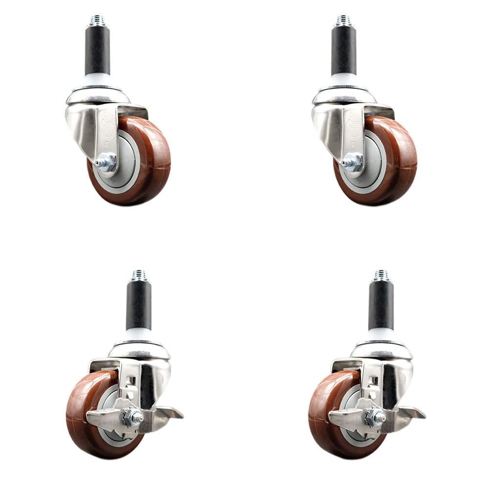Polyurethane Swivel Stem Caster with 3 in. Maroon Caster Wheels, 1.13 in. Expanding Stems - 316 Stainless Steel Casters - Set of 4
