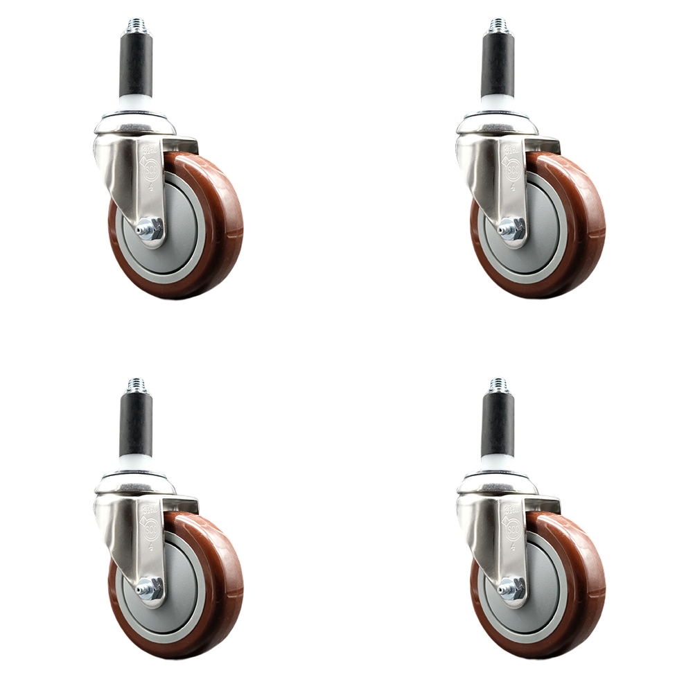 Polyurethane Swivel Stem Caster with 4 in. Maroon Caster Wheels, 1.13 in. Expanding Stems - 316 Stainless Steel Casters - Set of 4
