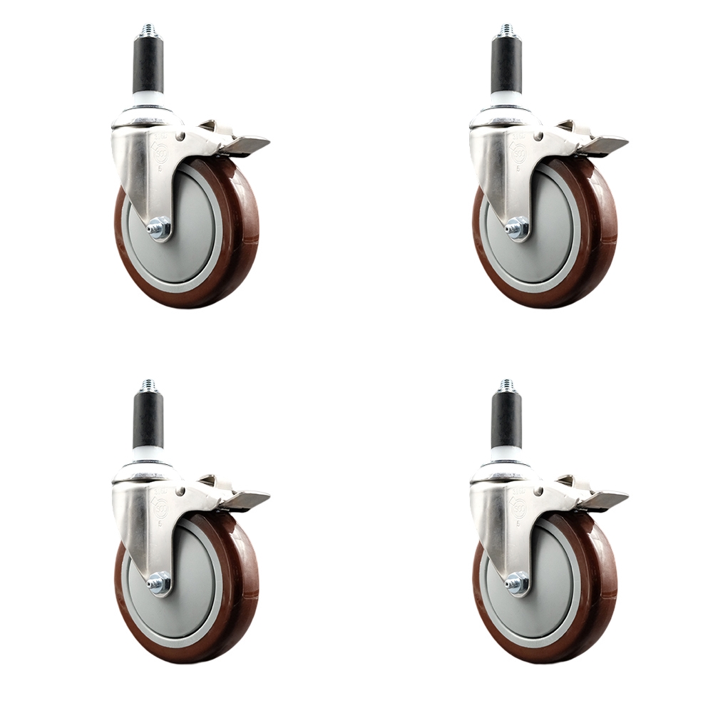 Polyurethane Swivel Stem Caster with 5 in. Maroon Caster Wheels, 1.25 in. Expanding Stems - 316 Stainless Steel Casters - Set of 4