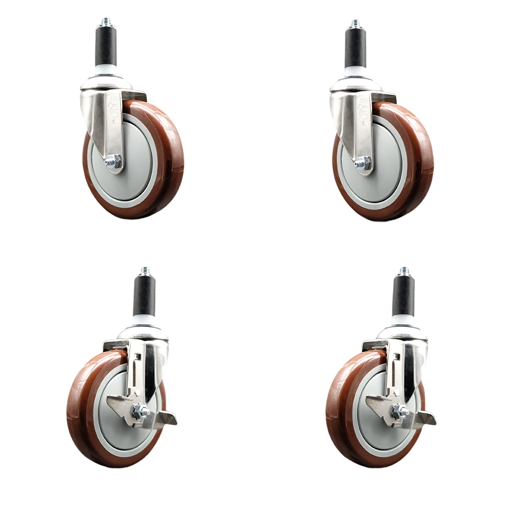 Polyurethane Swivel Stem Caster with 5 in. Maroon Caster Wheels, 1.25 in. Expanding Stems - 316 Stainless Steel Casters - Set of 4