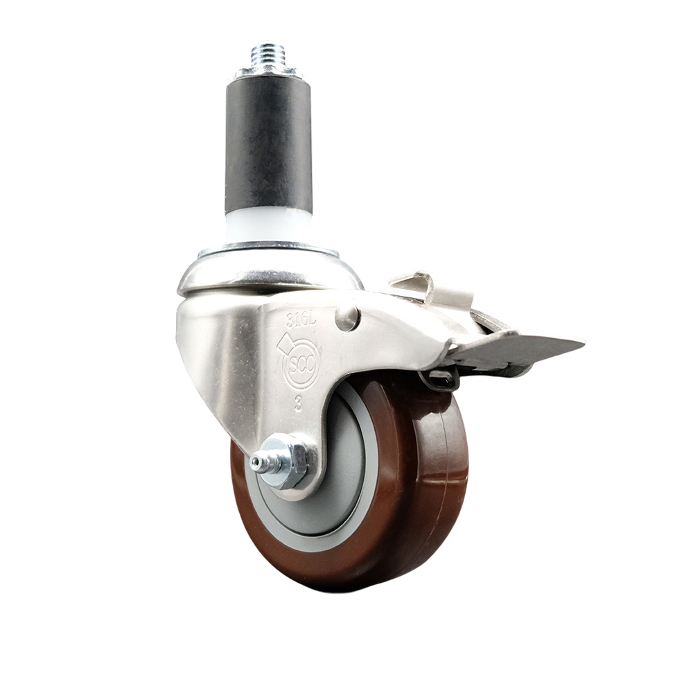Polyurethane Swivel Stem Caster with 3.5 in. Maroon Caster Wheels & Total Lock Brake, 1.38 in. Expanding Stem - 316 Stainless Steel Caster
