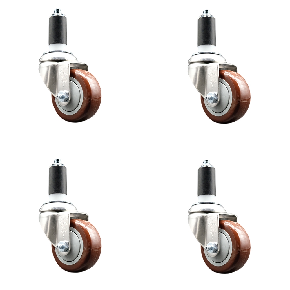 Polyurethane Swivel Stem Caster with 3.5 in. Maroon Caster Wheels, 1.38 in. Expanding Stems - 316 Stainless Steel Casters - Set of 4