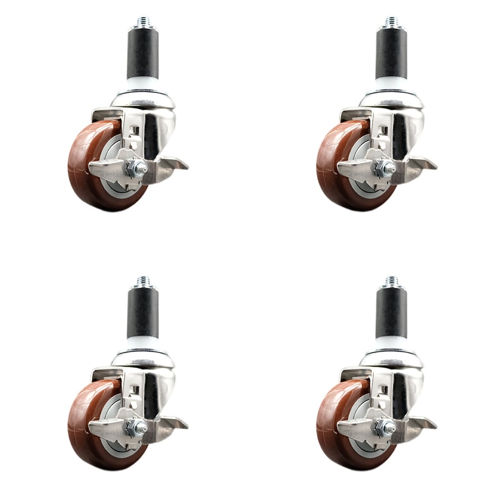 Polyurethane Swivel Stem Caster with 3.5 in. Maroon Caster Wheels, 1.38 in. Expanding Stems - 316 Stainless Steel Casters - Set of 4