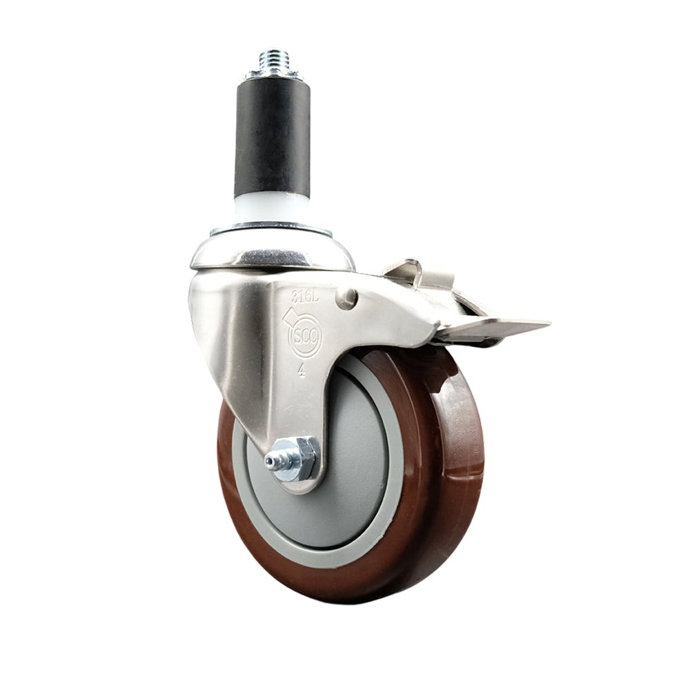 Polyurethane Swivel Stem Caster with 4 in. Maroon Caster Wheels & Total Lock Brake, 1.38 in. Expanding Stem - 316 Stainless Steel Caster