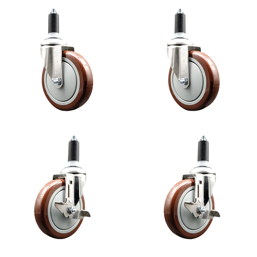 Polyurethane Swivel Stem Caster with 5 in. Maroon Caster Wheels, 1.38 in. Expanding Stems - 316 Stainless Steel Casters - Set of 4