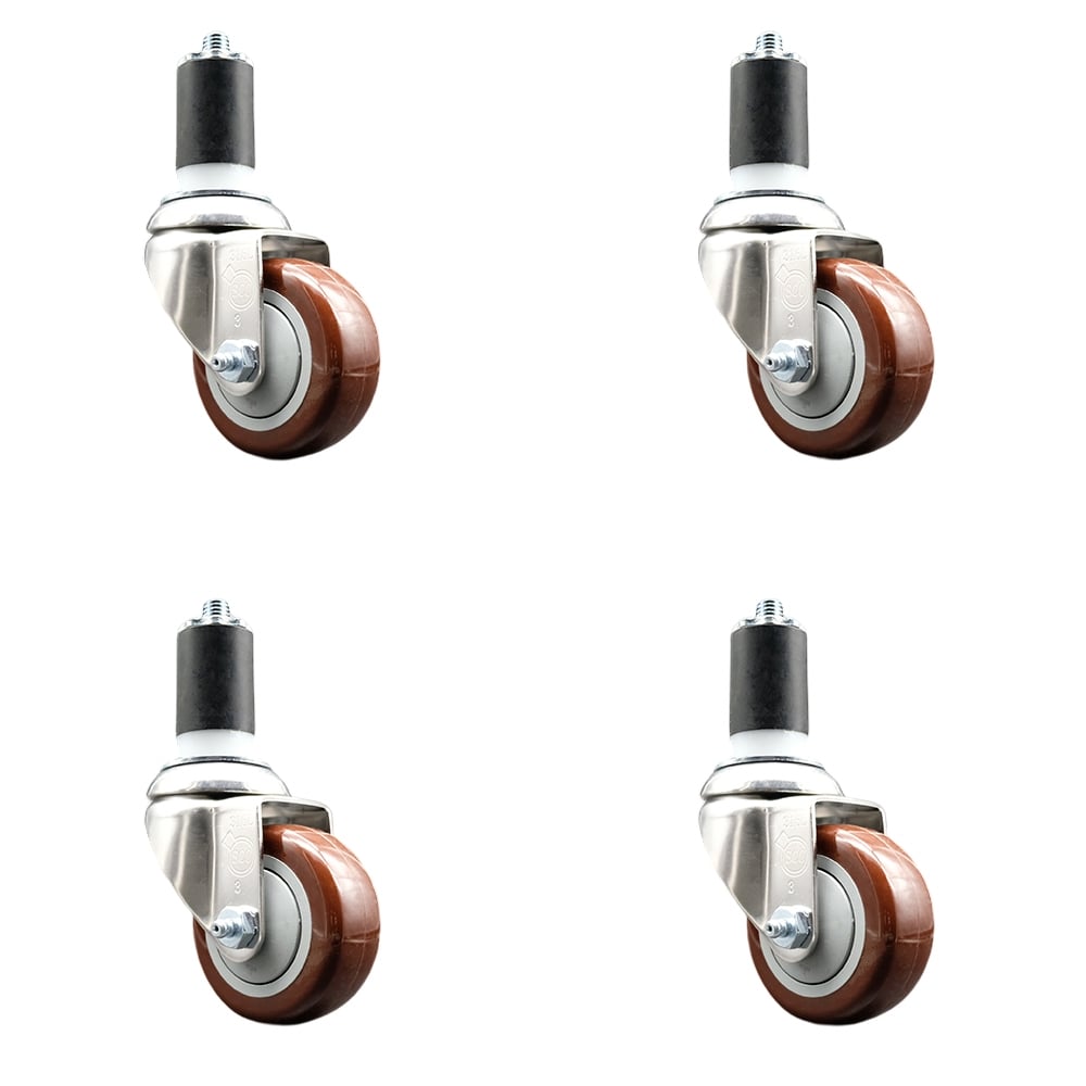 Polyurethane Swivel Stem Caster with 3 in. Maroon Caster Wheels, 1.5 in. Expanding Stems - 316 Stainless Steel Casters - Set of 4
