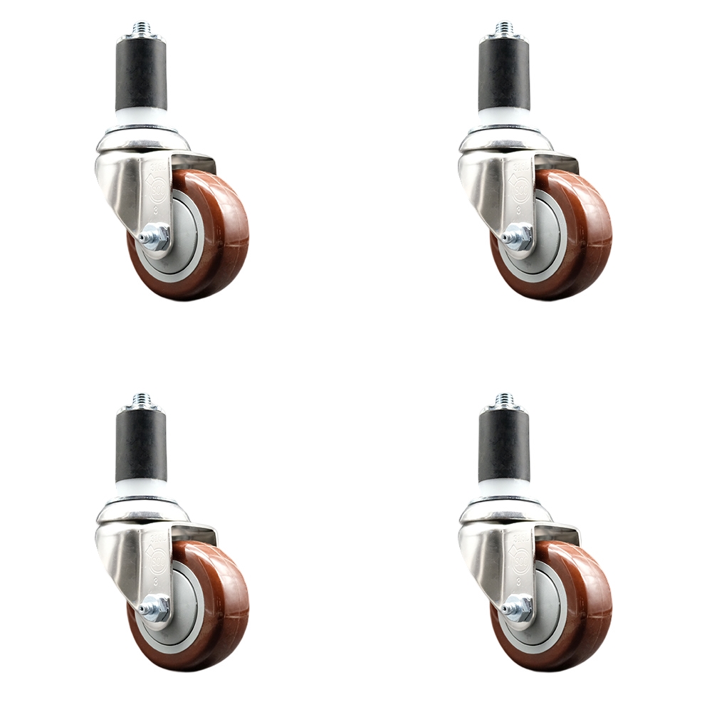 Polyurethane Swivel Stem Caster with 3.5 in. Maroon Caster Wheels, 1.5 in. Expanding Stems - 316 Stainless Steel Casters - Set of 4