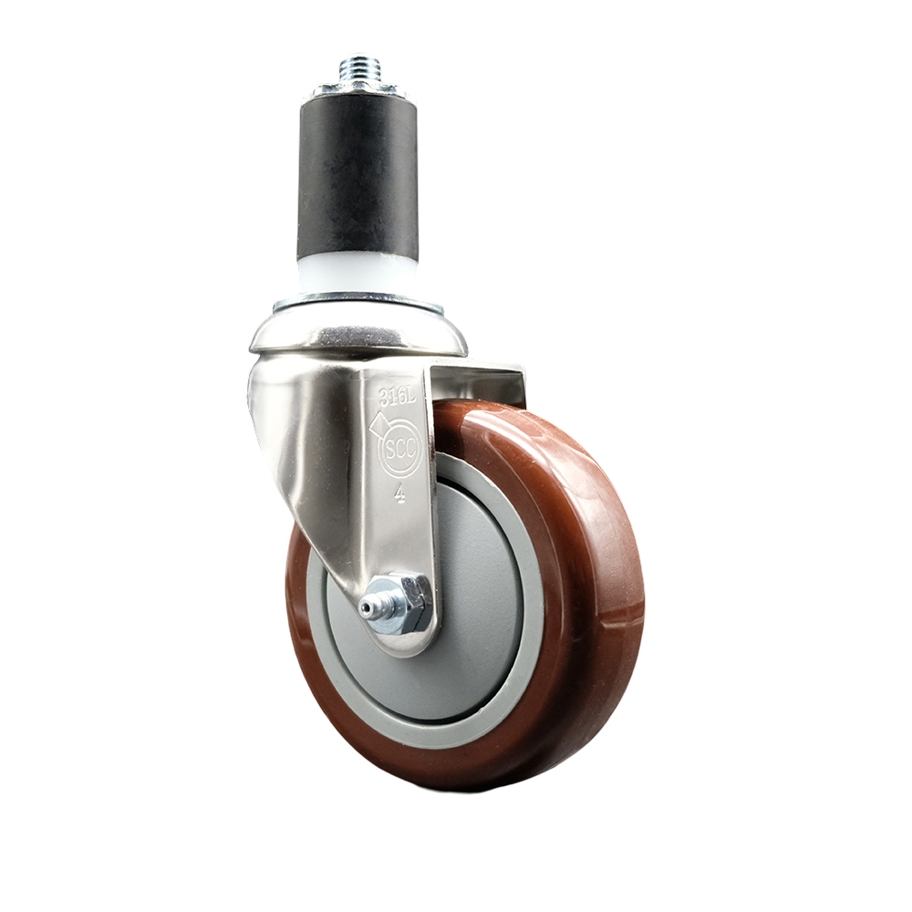 Polyurethane Swivel Stem Caster with 4 in. Maroon Caster Wheels, 1.5 in. Expanding Stem - 316 Stainless Steel Caster