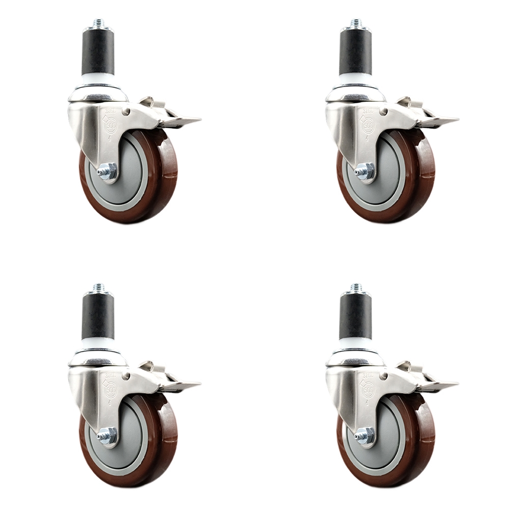 Polyurethane Swivel Stem Caster with 4 in. Maroon Caster Wheels, 1.5 in. Expanding Stems - 316 Stainless Steel Casters - Set of 4