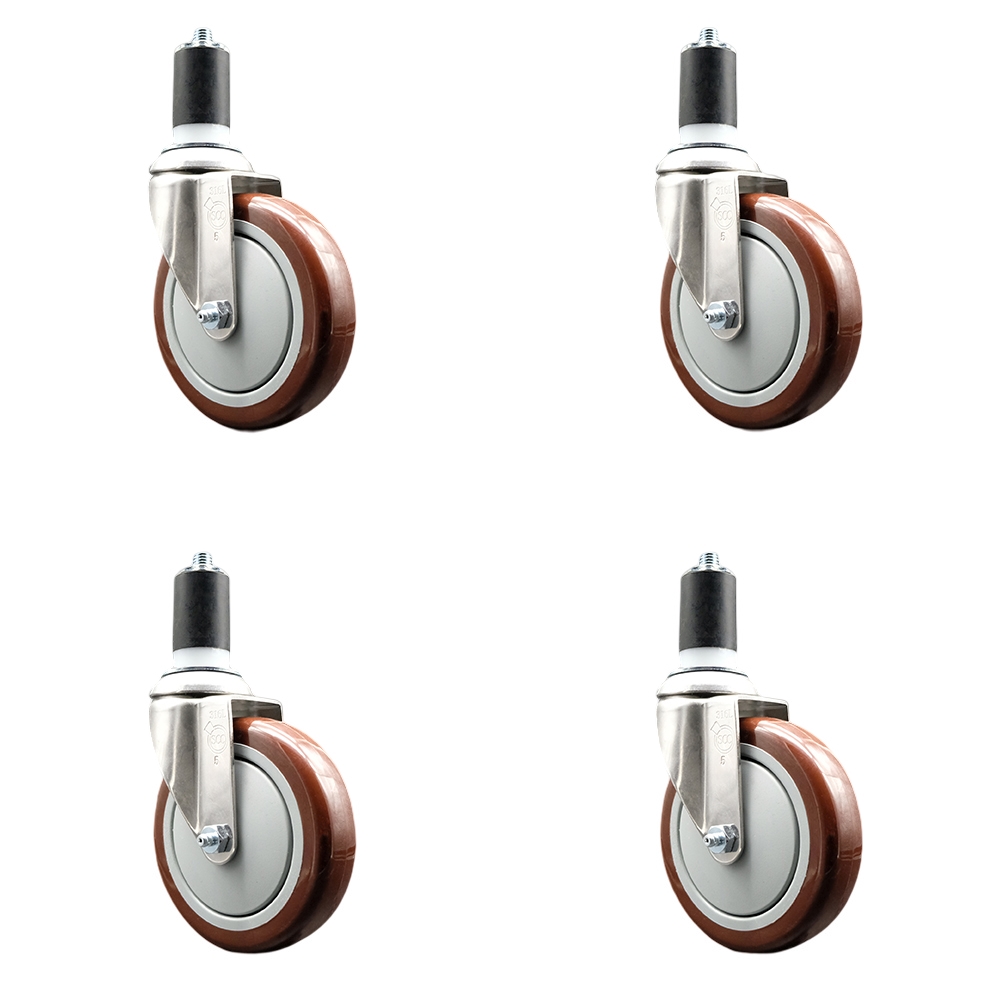 Polyurethane Swivel Stem Caster with 5 in. Maroon Caster Wheels, 1.5 in. Expanding Stems - 316 Stainless Steel Casters - Set of 4