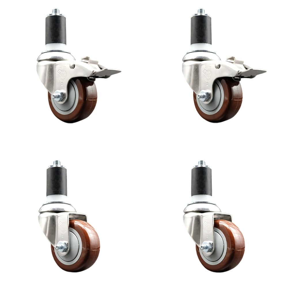 Polyurethane Swivel Stem Caster with 3 in. Maroon Caster Wheels, 1.63 in. Expanding Stem - 316 Stainless Steel Casters - Set of 4