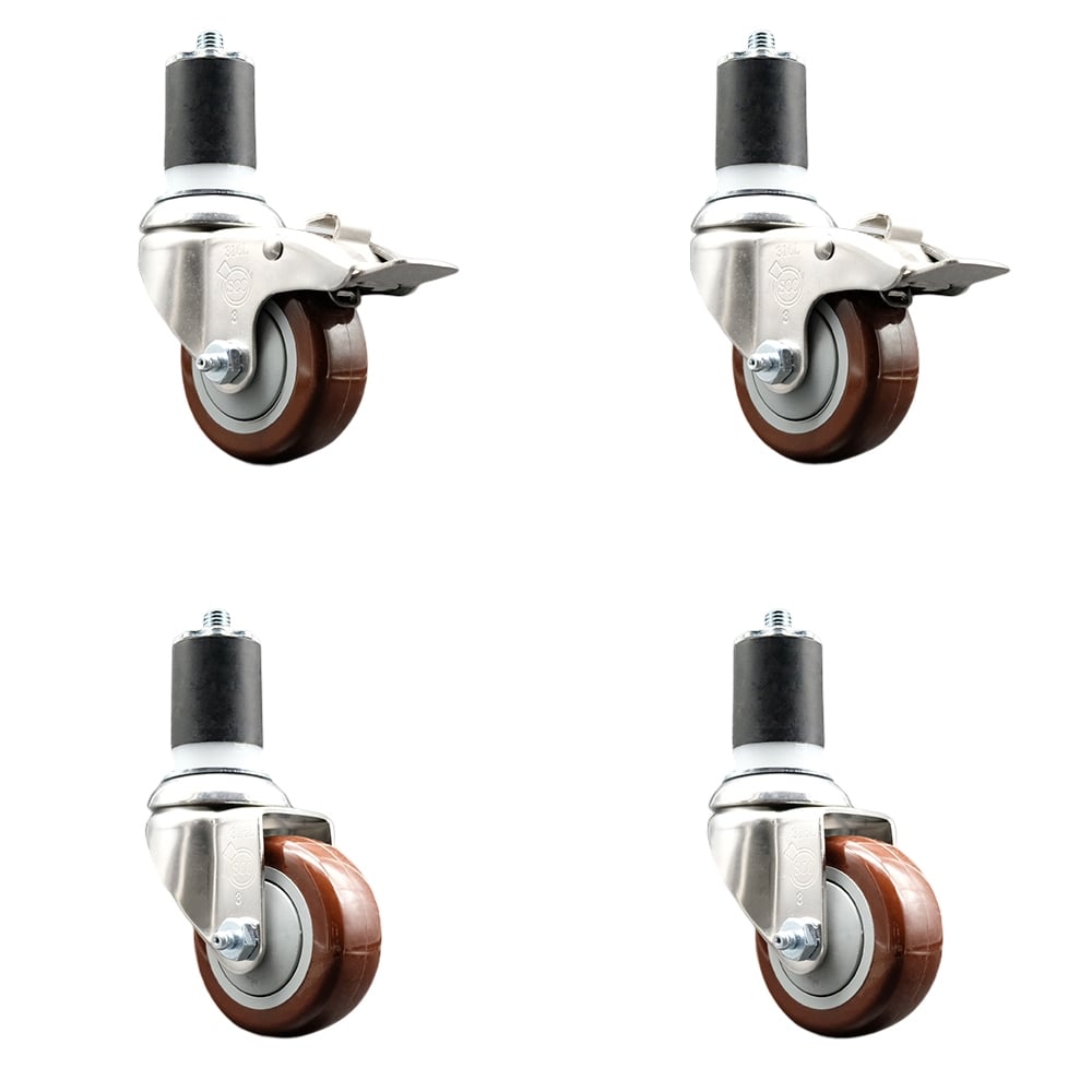 Polyurethane Swivel Stem Caster with 3 in. Maroon Caster Wheels, 1.75 in. Expanding Stem - 316 Stainless Steel Casters - Set of 4