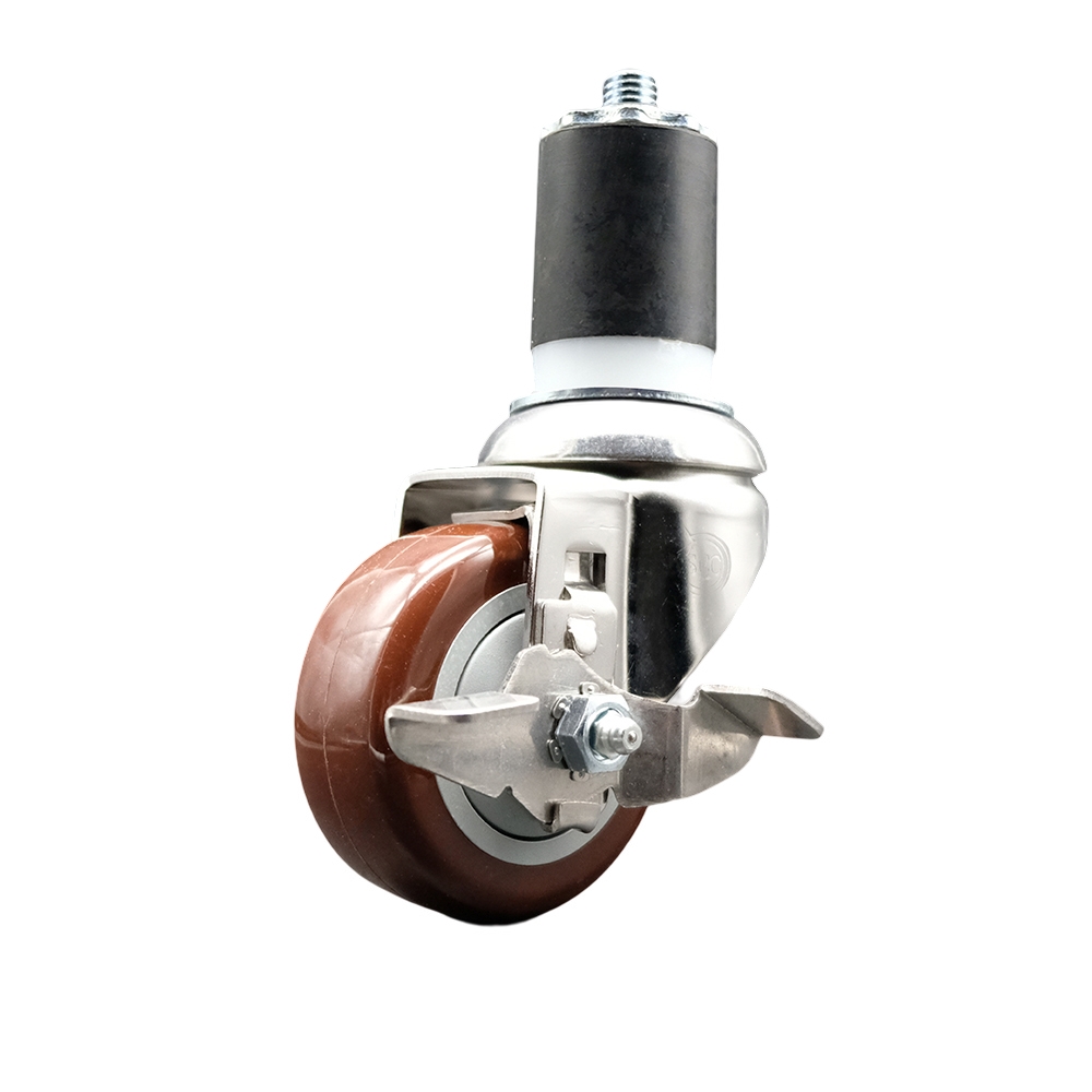 Polyurethane Swivel Stem Caster with 3 in. Maroon Caster Wheels & Top Lock Brake, 1.87 in. Expanding Stem - 316 Stainless Steel Caster