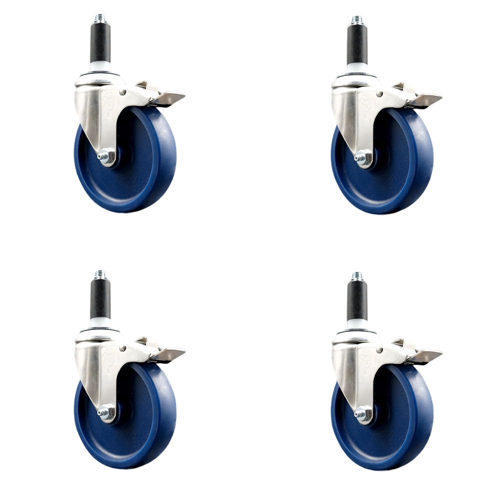 Solid Polyurethane Swivel Stem Caster with 5 in. Blue Caster Wheels, 1 in. Expanding Stems - 316 Stainless Steel Casters - Set of 4