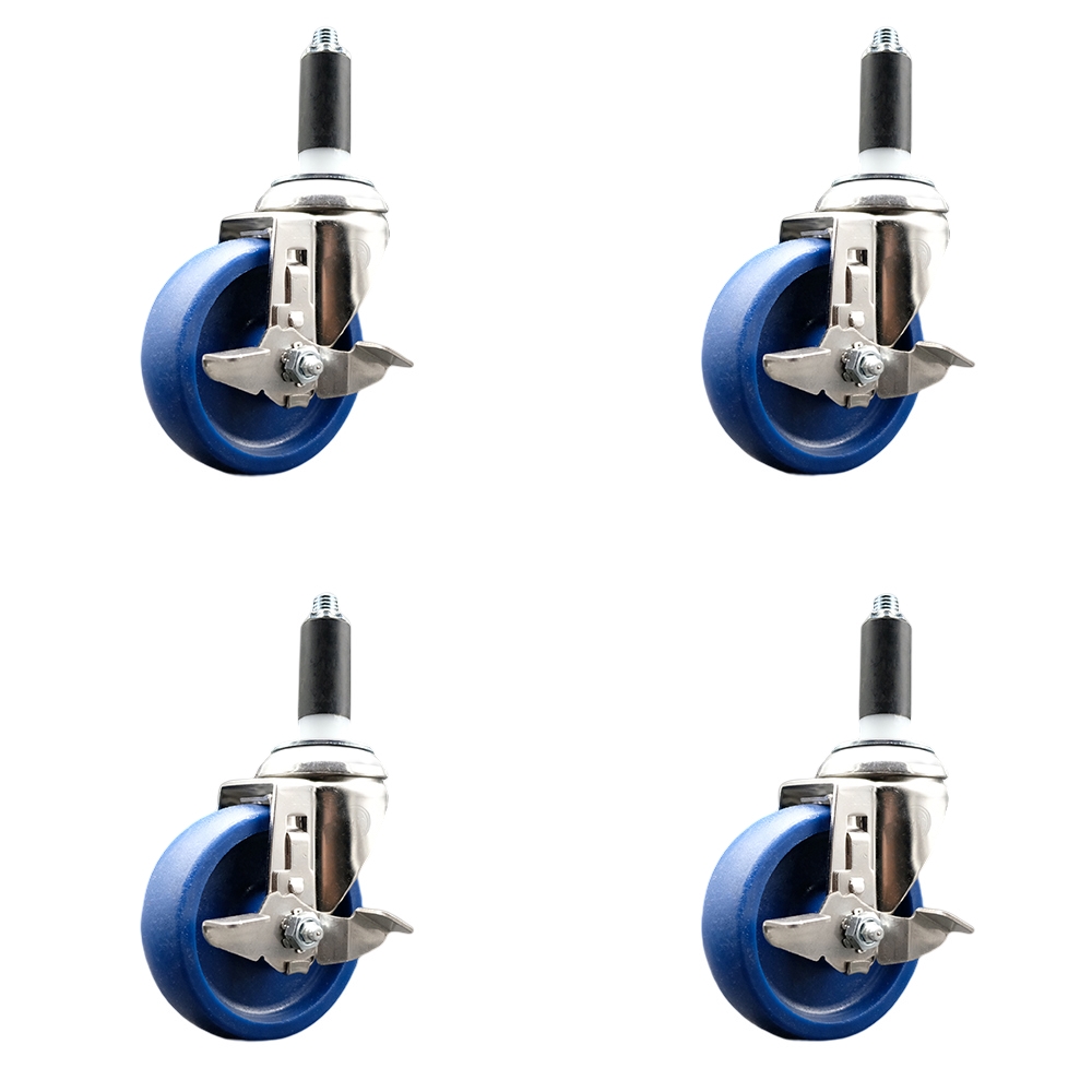 Solid Polyurethane Swivel Stem Caster with 4 in. Blue Caster Wheels, 1.13 in. Expanding Stems - 316 Stainless Steel Casters - Set of 4