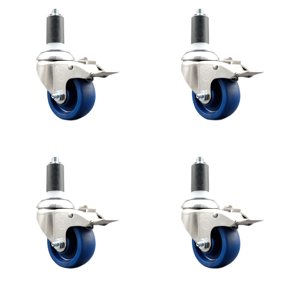 Solid Polyurethane Swivel Stem Caster with 3.5 in. Blue Caster Wheels, 1.25 in. Expanding Stems - 316 Stainless Steel Casters - Set of 4