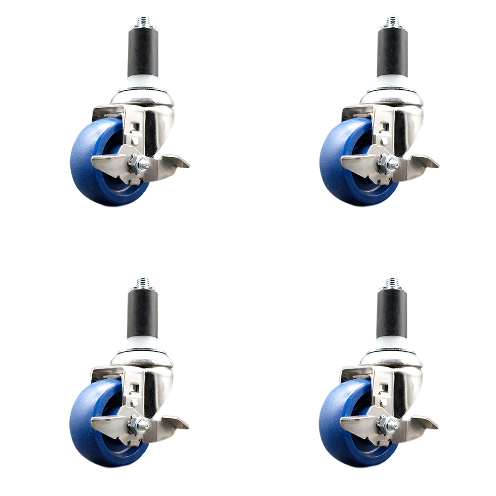 Solid Polyurethane Swivel Stem Caster with 3 in. Blue Caster Wheels, 1.38 in. Expanding Stems - 316 Stainless Steel Casters - Set of 4