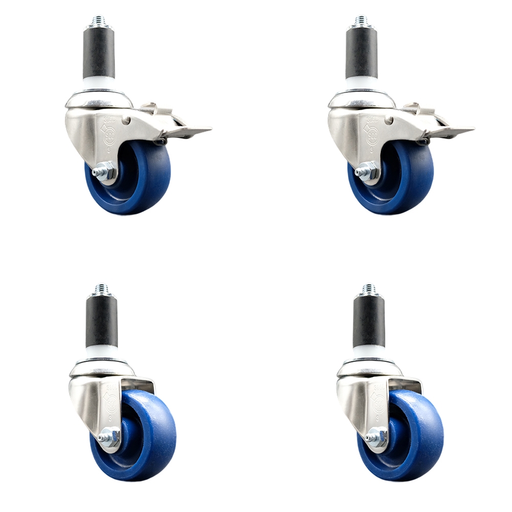 Solid Poly Swivel Stem Caster with 3 in. Blue Caster Wheels, 1.38 in. Expanding Stem - 316 Stainless Steel Casters - Set of 4