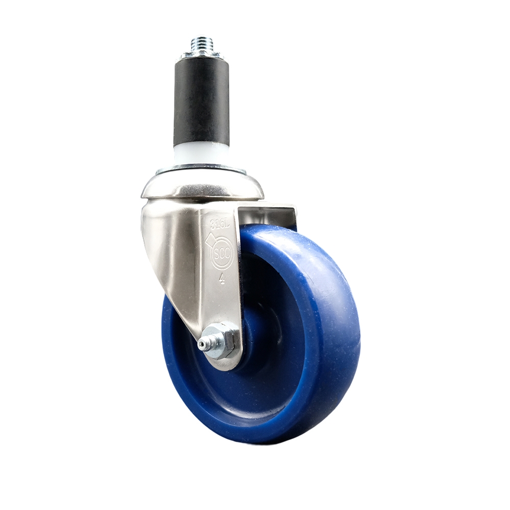 Solid Polyurethane Swivel Stem Caster with 4 in. Blue Caster Wheels, 1.38 in. Expanding Stem - 316 Stainless Steel Caster