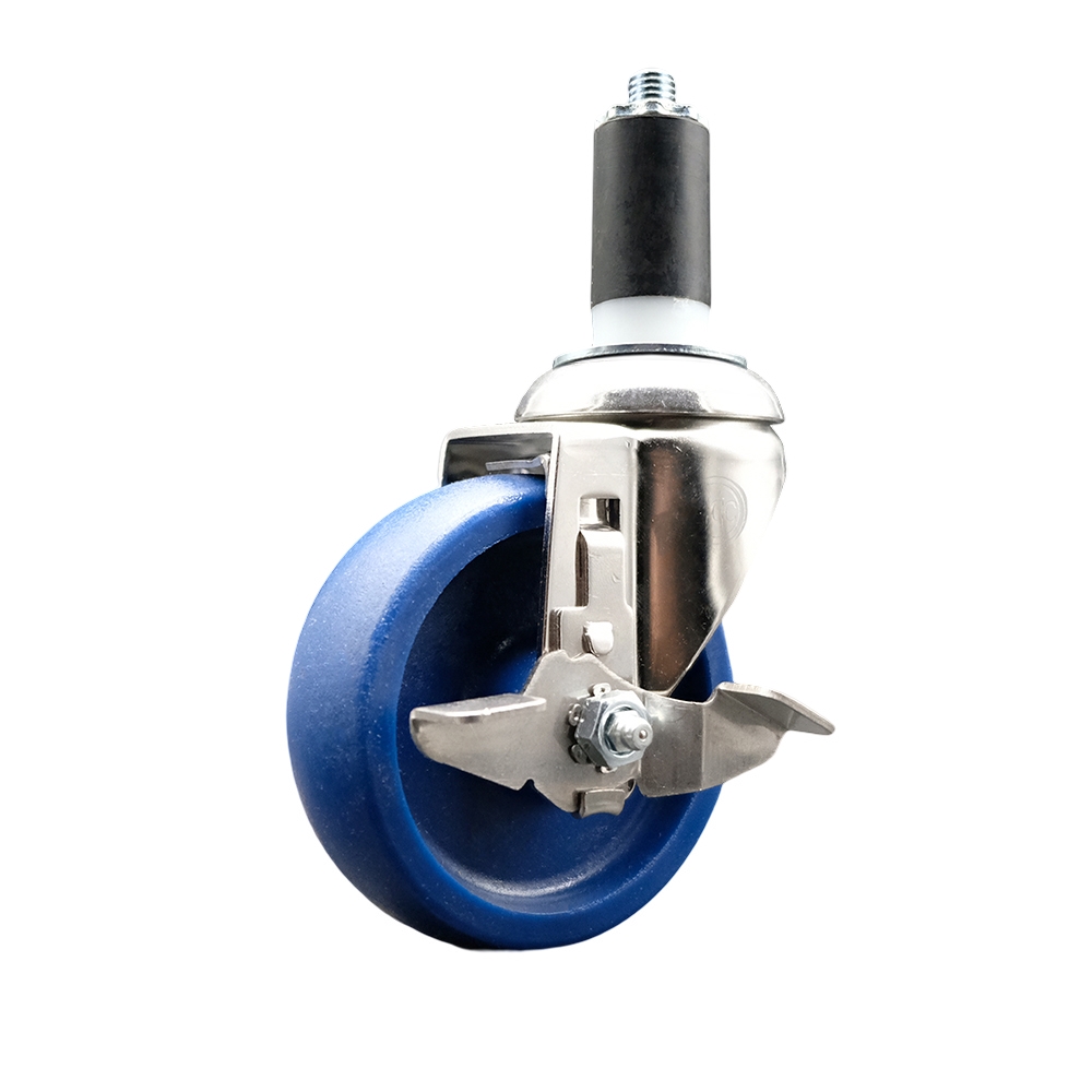 Solid Polyurethane Swivel Stem Caster with 4 in. Blue Caster Wheels & Top Lock Brake, 1.38 in. Expanding Stem - 316 Stainless Steel Caster