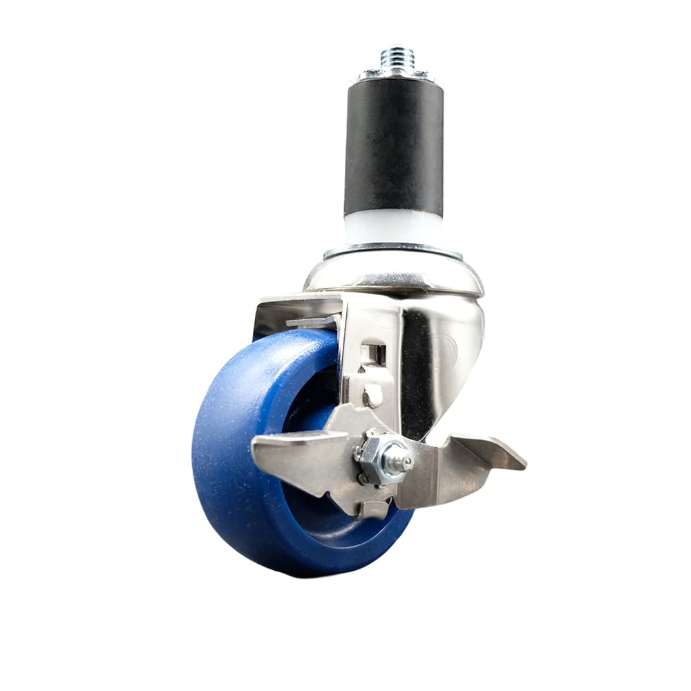 Solid Polyurethane Swivel Stem Caster with 3.5 in. Blue Caster Wheels & Top Lock Brake, 1.5 in. Expanding Stem - 316 Stainless Steel Caster
