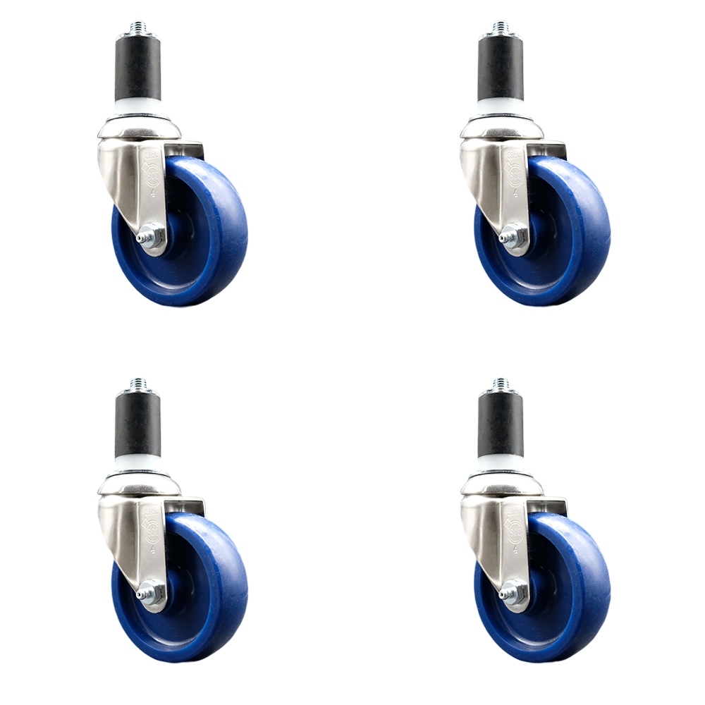 Solid Polyurethane Swivel Stem Caster with 4 in. Blue Caster Wheels, 1.5 in. Expanding Stems - 316 Stainless Steel Casters - Set of 4