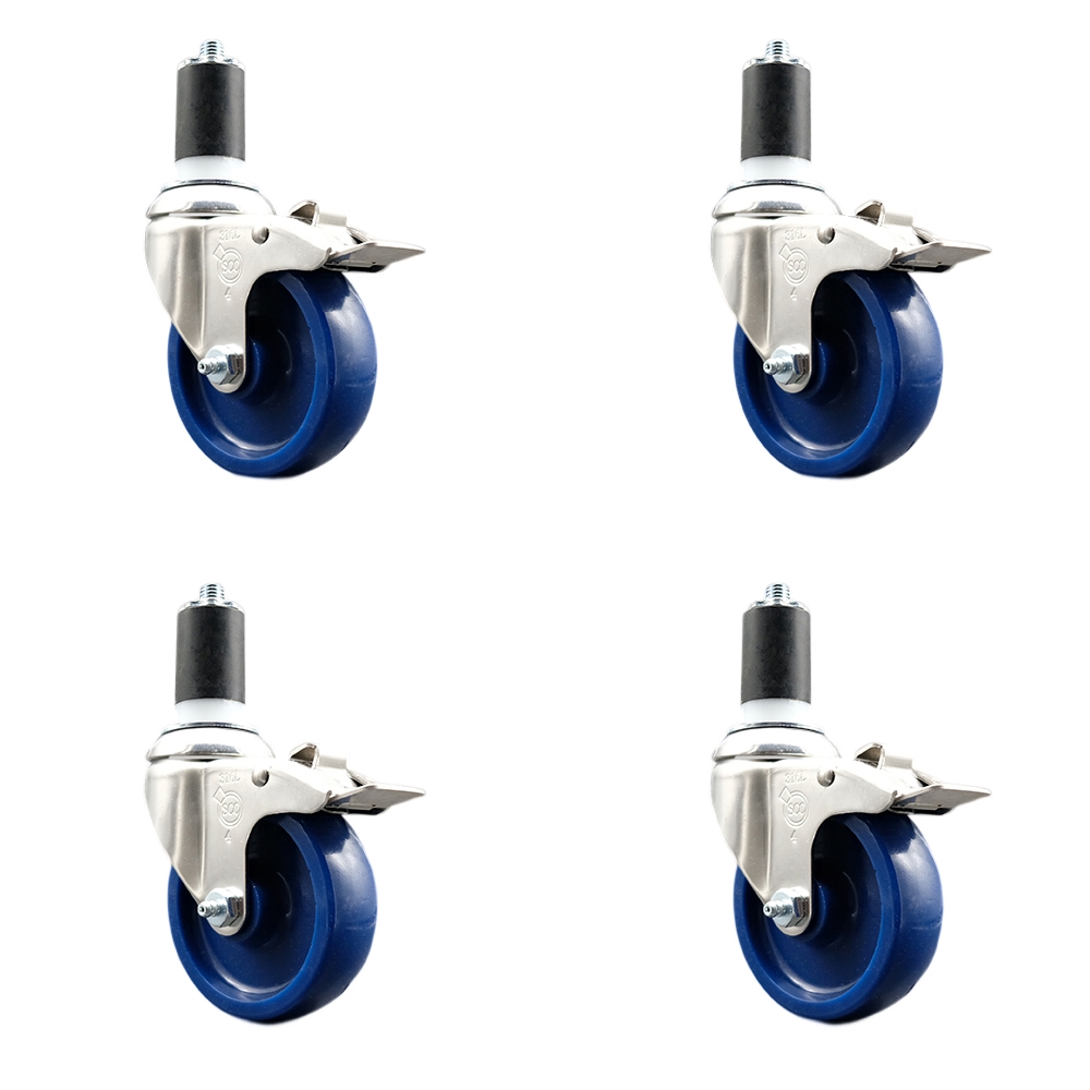 Solid Polyurethane Swivel Stem Caster with 4 in. Blue Caster Wheels, 1.5 in. Expanding Stems - 316 Stainless Steel Casters - Set of 4