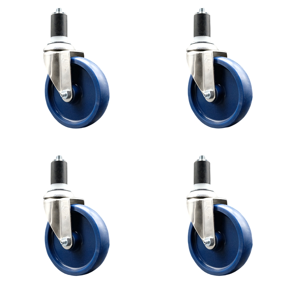 Solid Polyurethane Swivel Stem Caster with 5 in. Blue Caster Wheels, 1.5 in. Expanding Stems - 316 Stainless Steel Casters - Set of 4