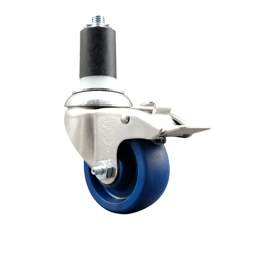 Solid Polyurethane Swivel Stem Caster with 3.5 in. Blue Caster Wheels & Total Lock Brake, 1.63 in. Expanding Stem - 316 Stainless Steel Caster