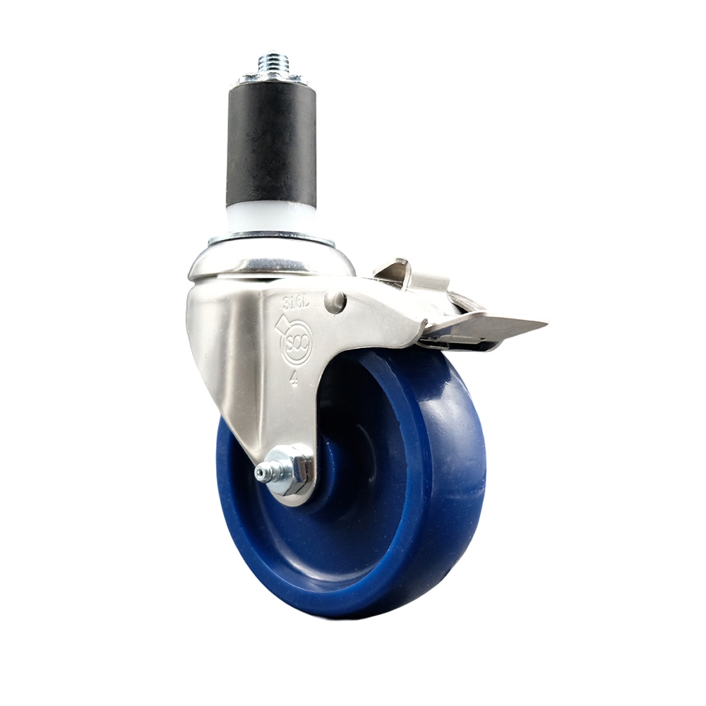 Solid Polyurethane Swivel Stem Caster with 4 in. Blue Caster Wheels & Total Lock Brake, 1.63 in. Expanding Stem - 316 Stainless Steel Caster